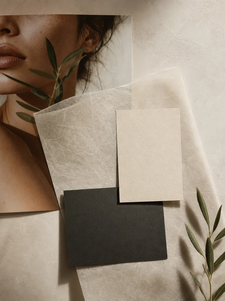 Editorial skincare image and tactile printed materials