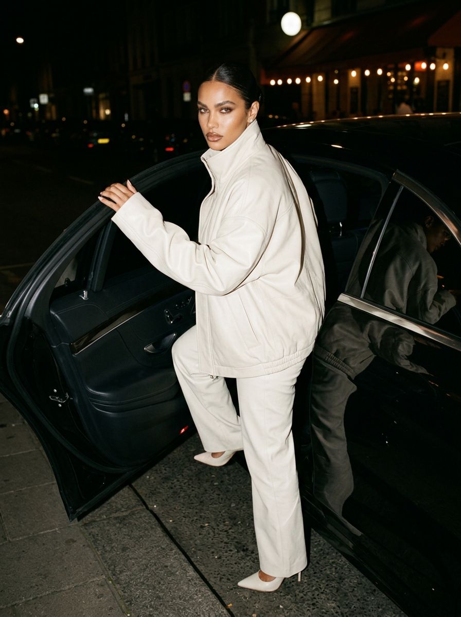 A woman in a cream coconut leather jacket stepping out of a black car at night
