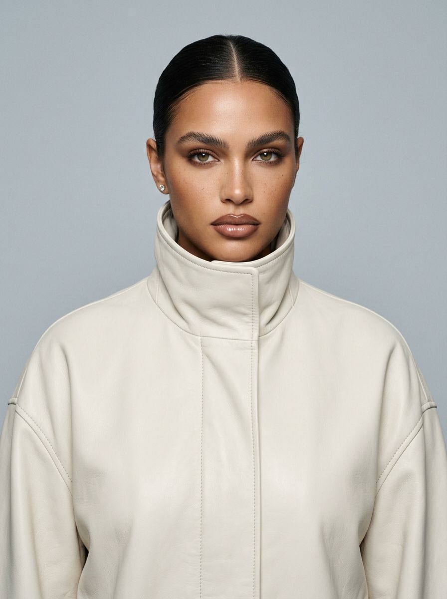 A portrait of a woman with dark hair in a slicked-back style wearing a structured cream coconut leather jacket.