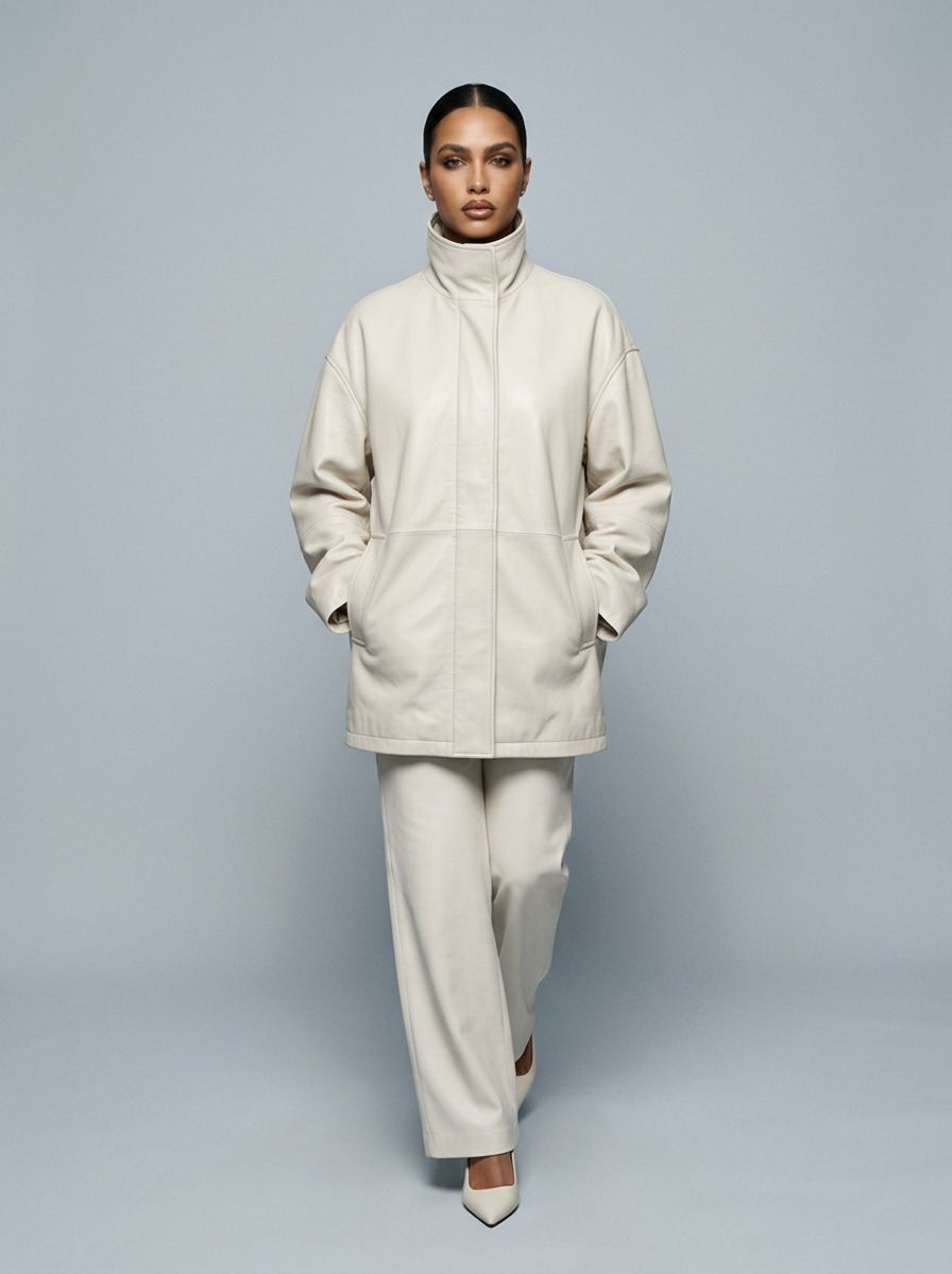A model in a monochromatic cream coconut leather outfit standing in a cool grey studio.