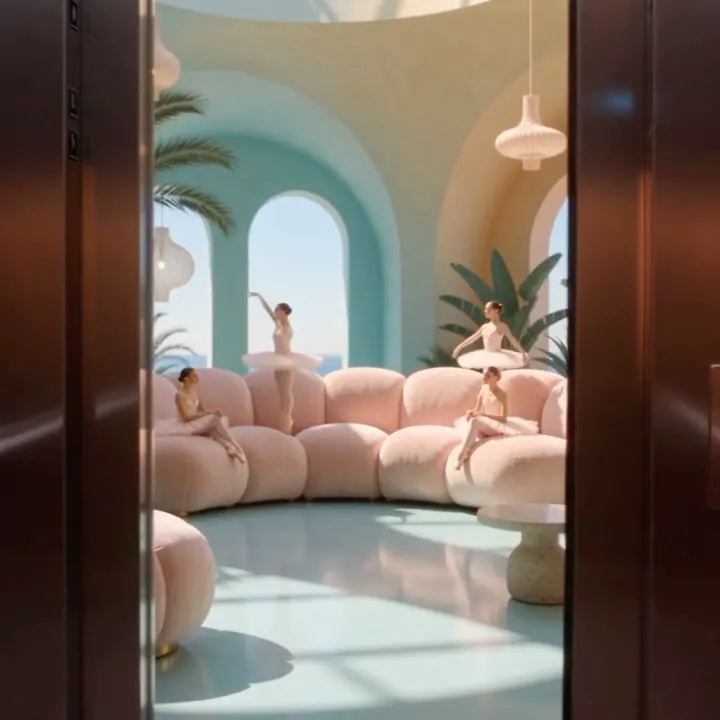 Surreal pastel ballroom with tiny ballerinas