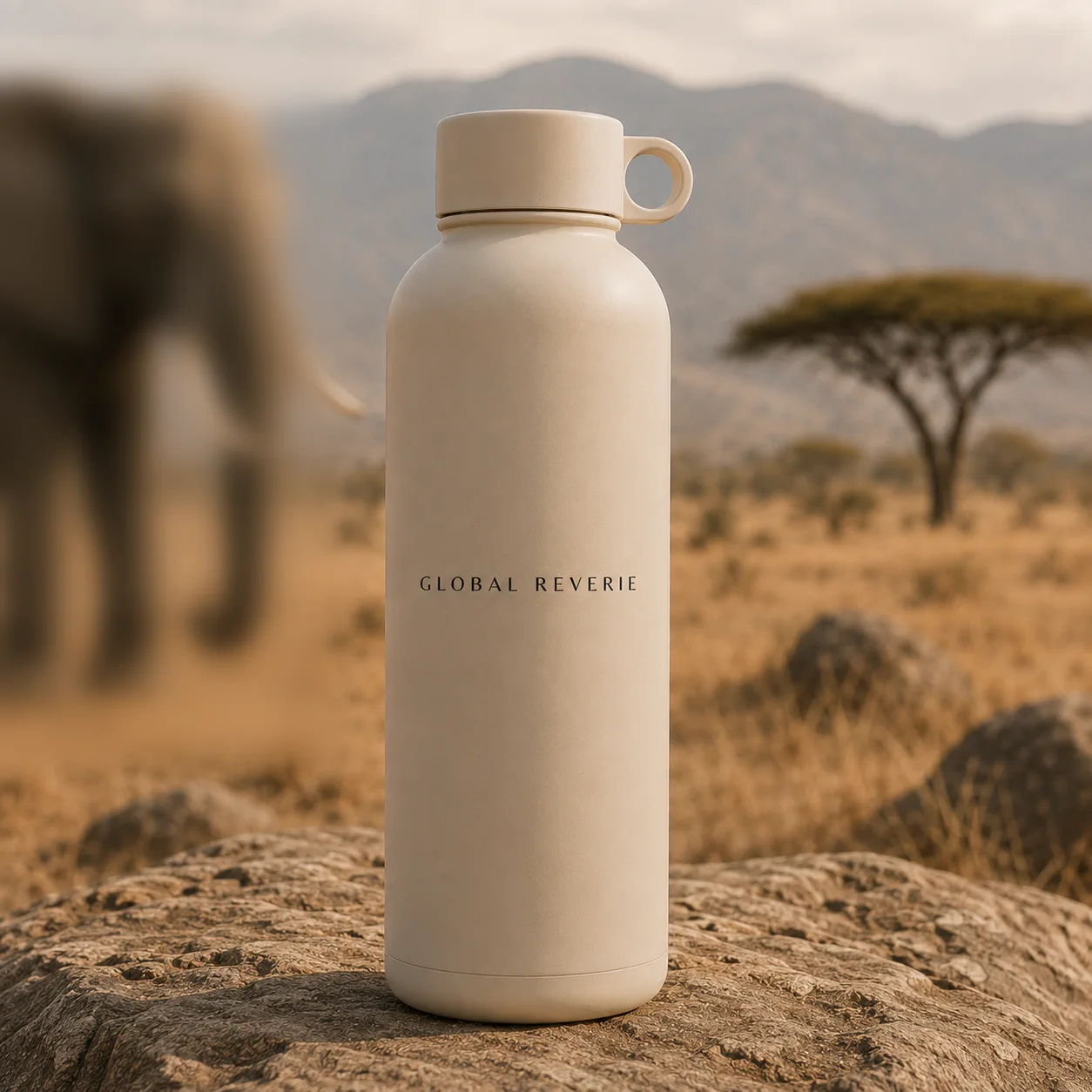 Global Reverie bottle on a rock in a savannah landscape with a blurred elephant in the background