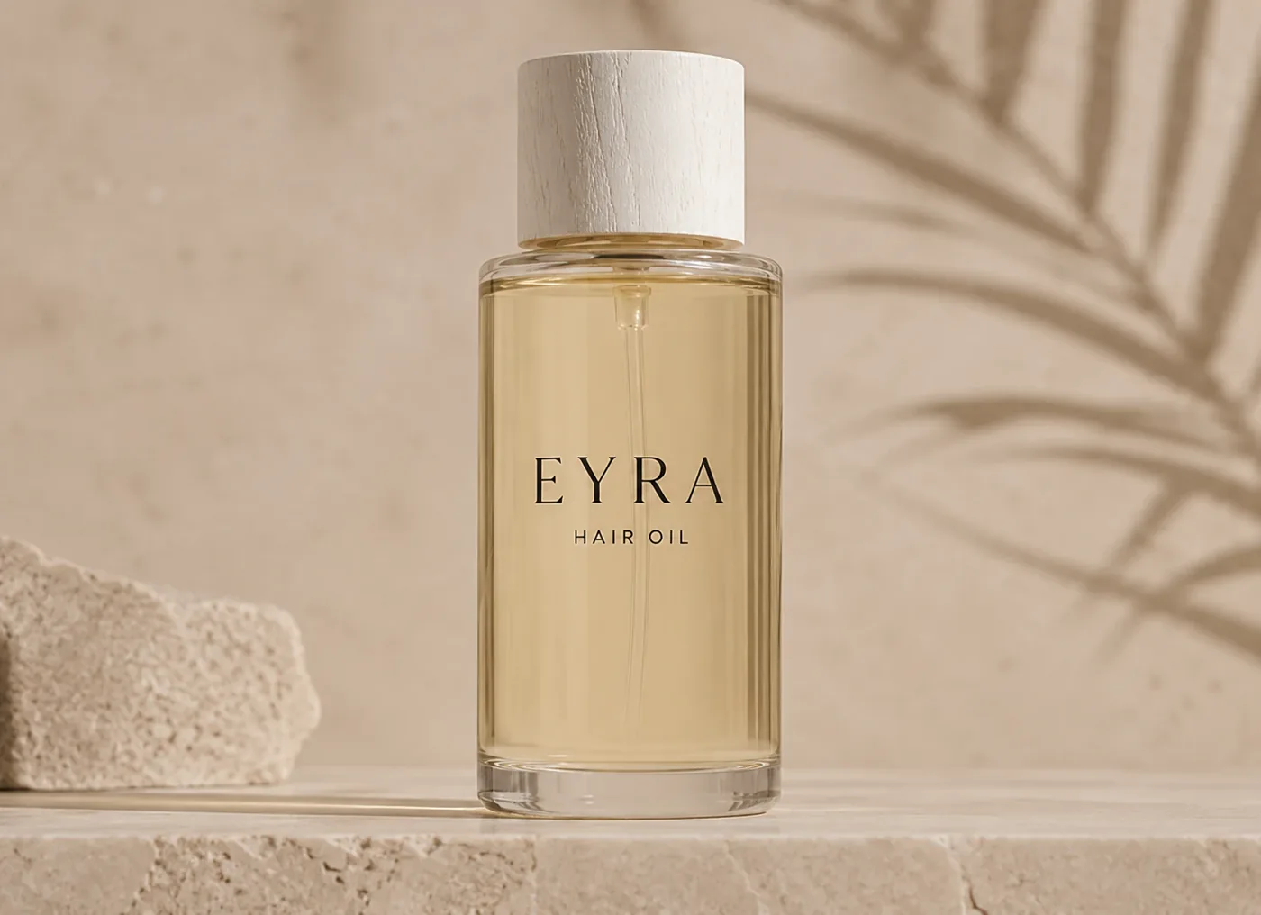 Eyra haircare bottle on a warm stone surface