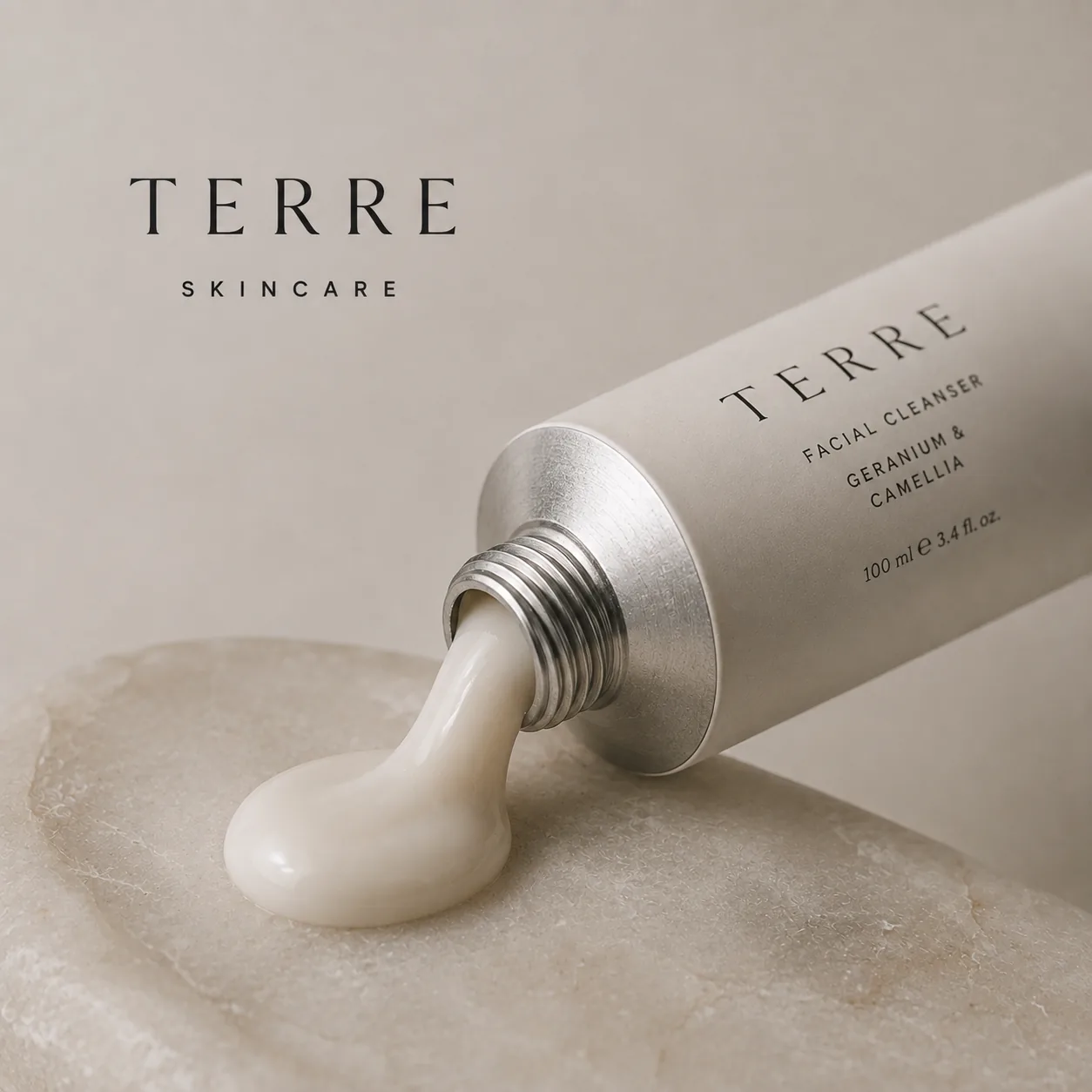 Terre skincare tube with cream on a stone surface