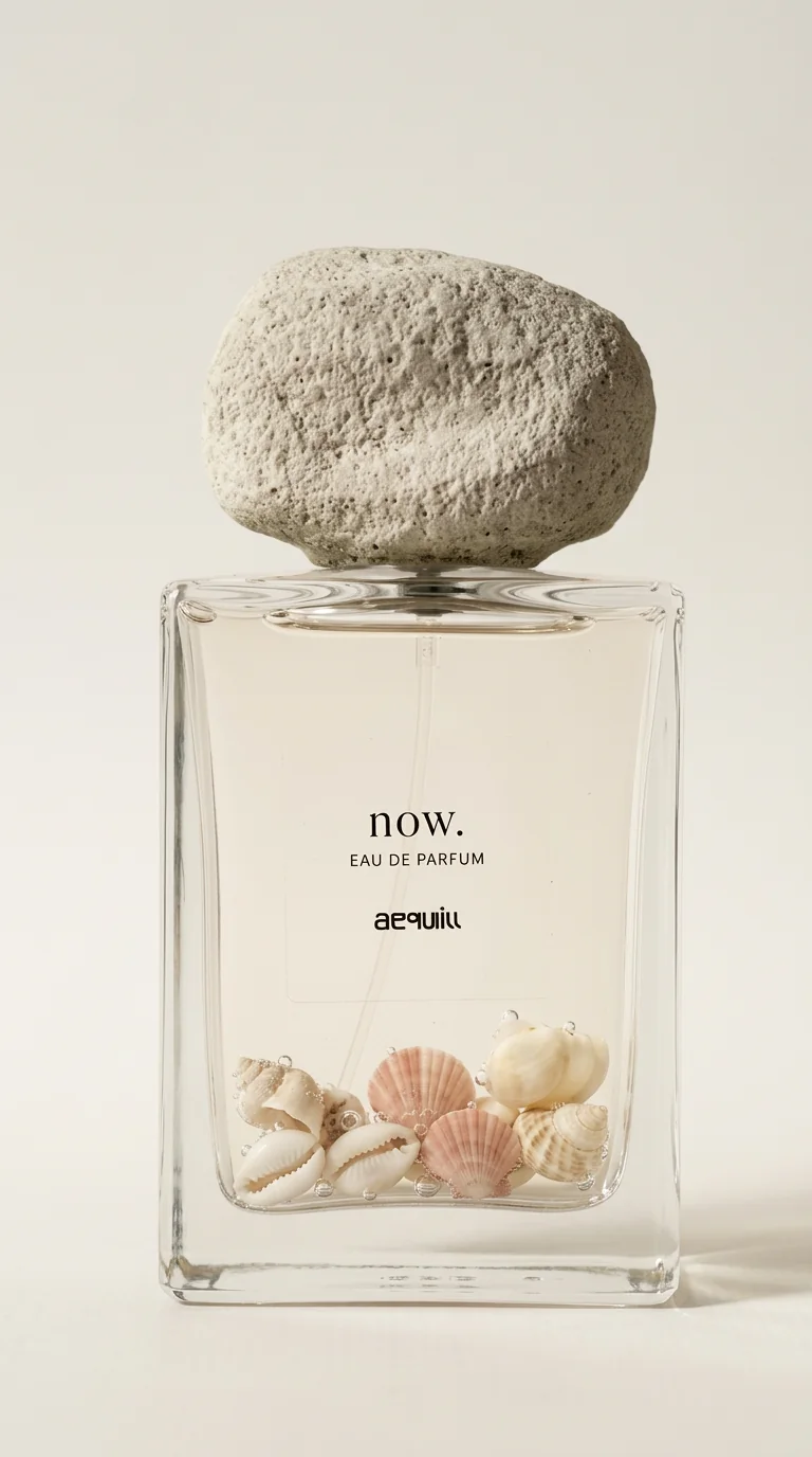 Salt Hour perfume bottle and sea shells on a pale studio surface