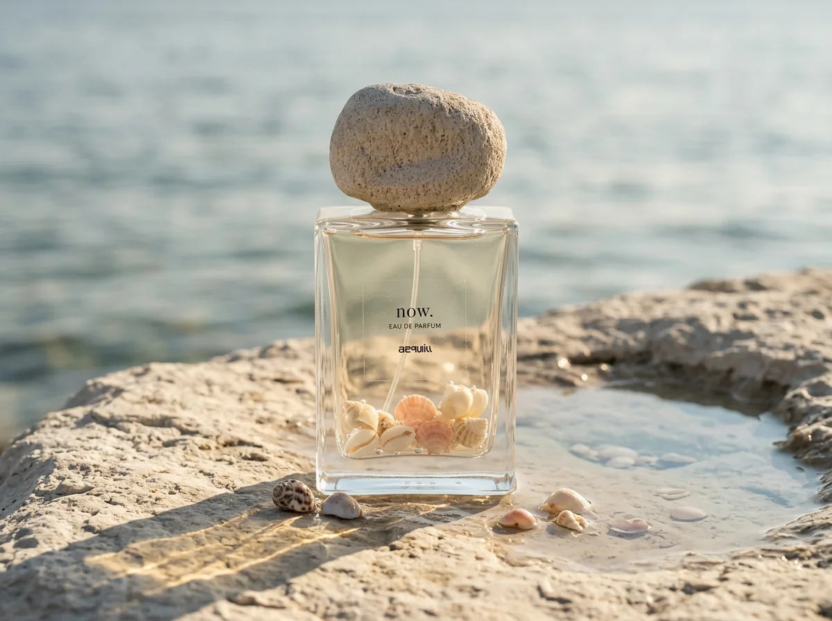 Salt Hour perfume bottle resting on sunlit stone beside the sea