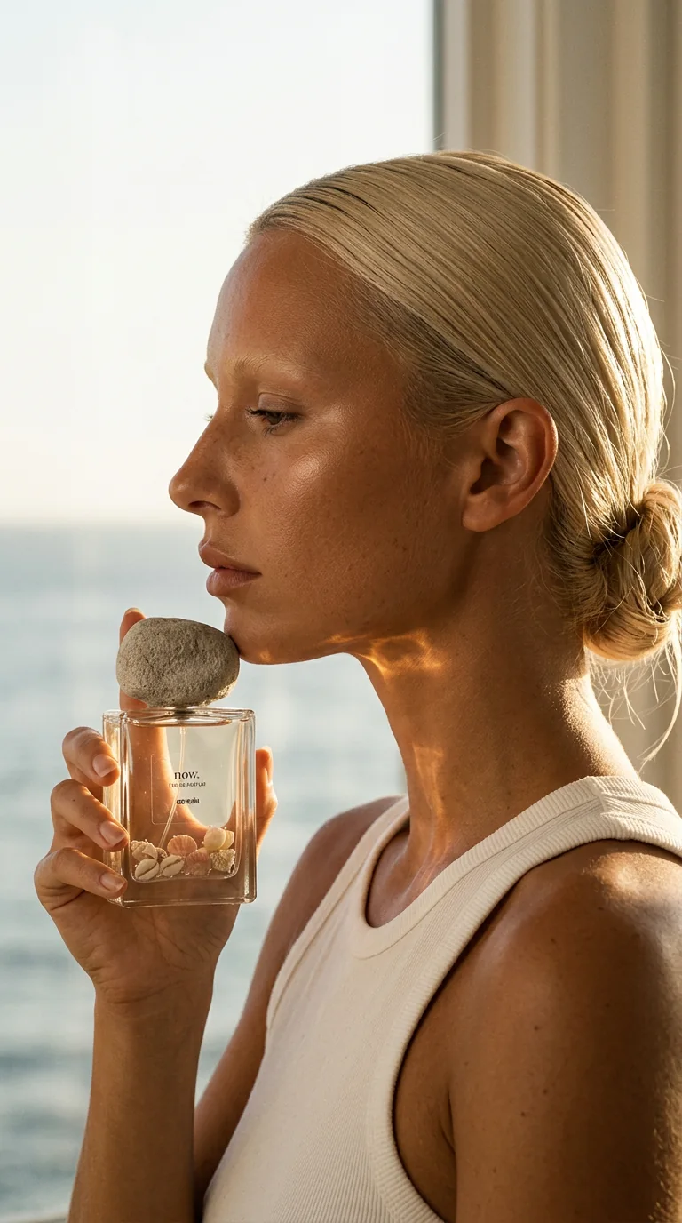 Woman holding the Salt Hour perfume bottle beside the sea
