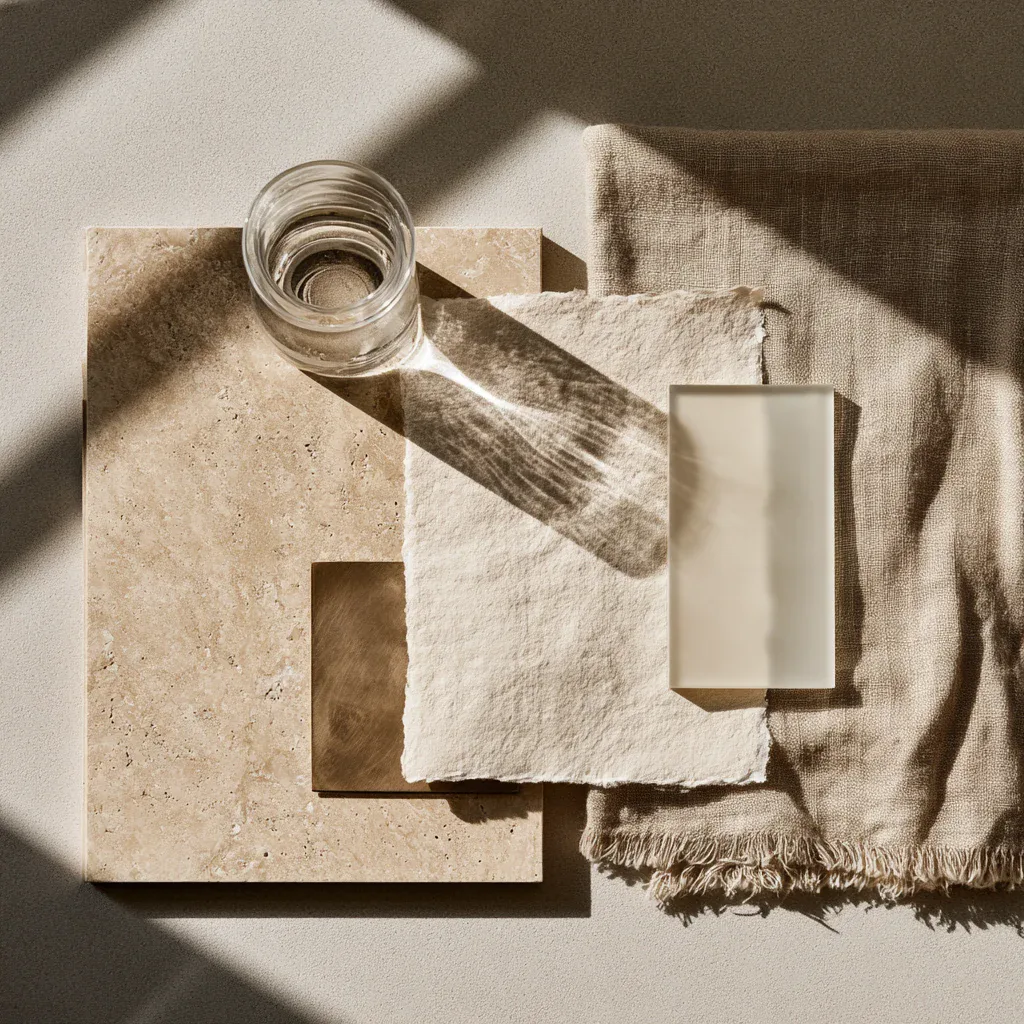 Overhead arrangement of stone, handmade paper, glass and linen in warm sunlight