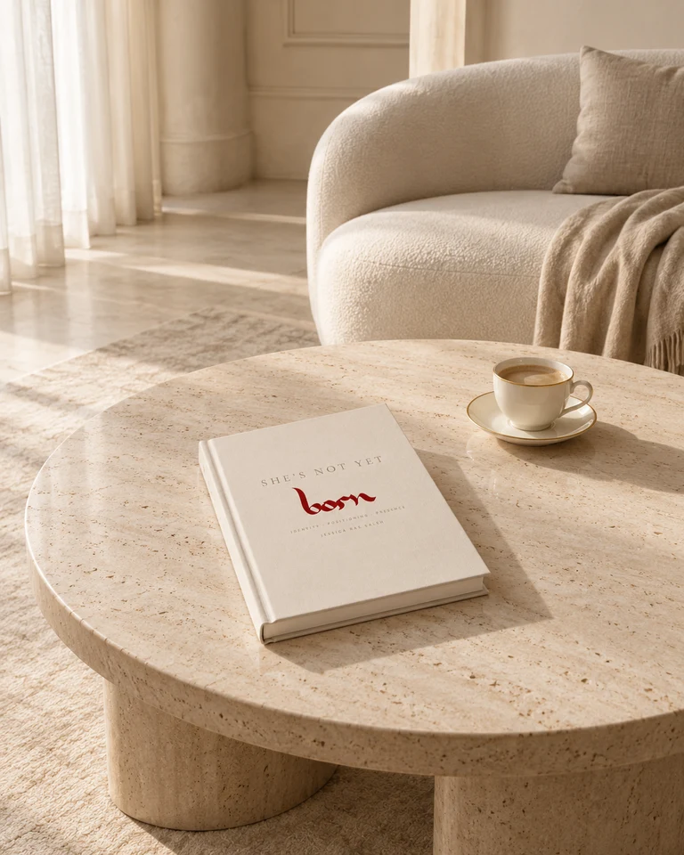 She's Not Yet Born book by Jess Saleh on a marble table