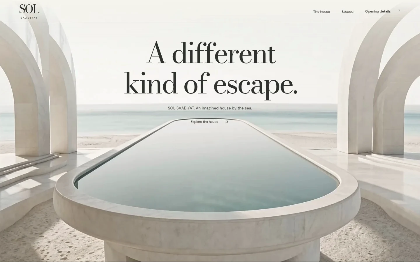 SŌL SAADIYAT website hero showing a pool framed by white arches and the sea