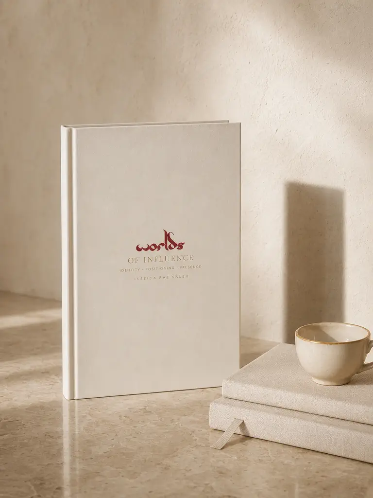 Worlds of Influence book beside linen notebooks and a gold-rimmed espresso cup