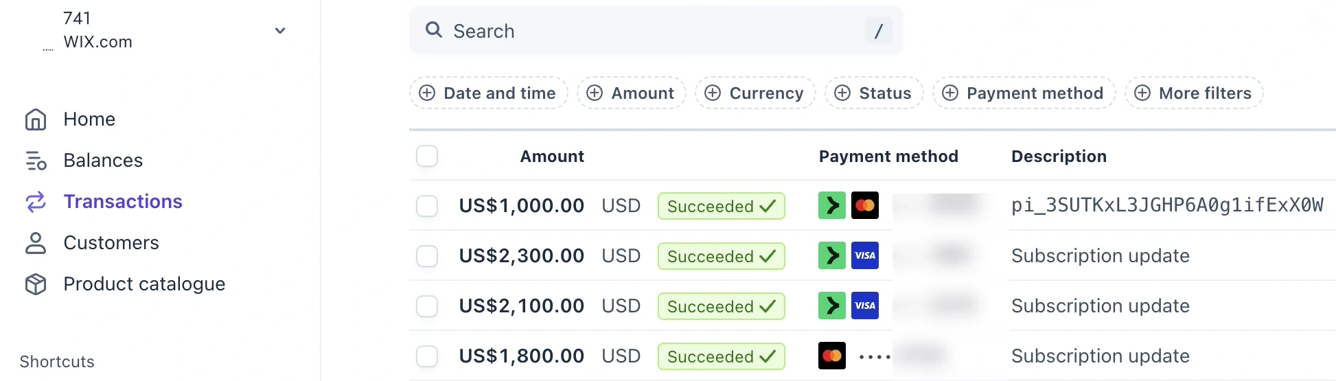 741's payment dashboard with the account name top left, succeeded payments of US$1,000, US$2,300, US$2,100, and US$1,800