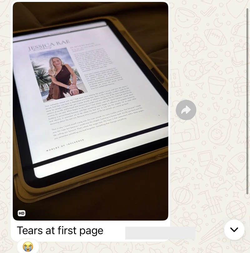 A reader's photo of Worlds of Influence open at Jessica's first page, messaged with the caption: Tears at first page
